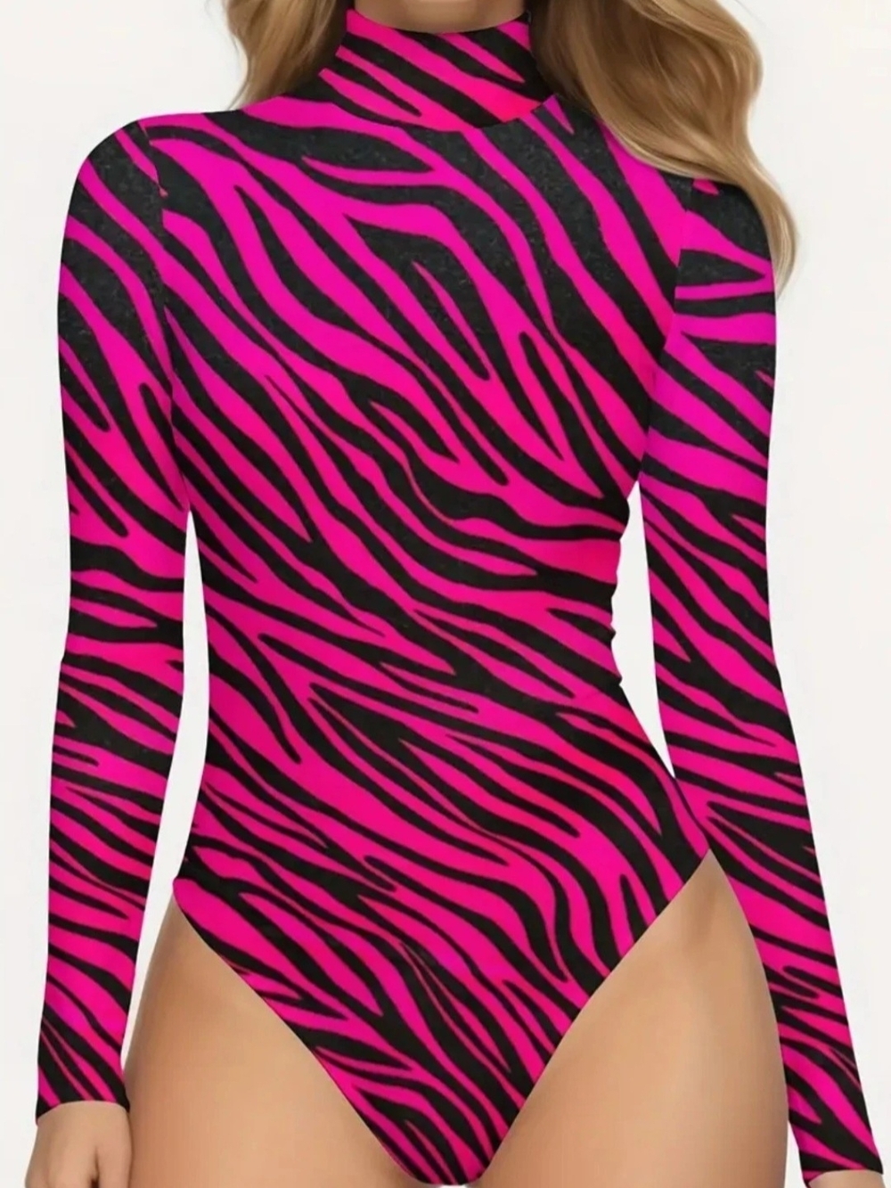 Women’s Long Sleeve High Neck Swimsuit - Black & Hot Pink Zebra
